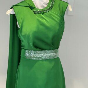 Green One Shoulder Cape Dropped Silk Gown by I.H.F Atelier